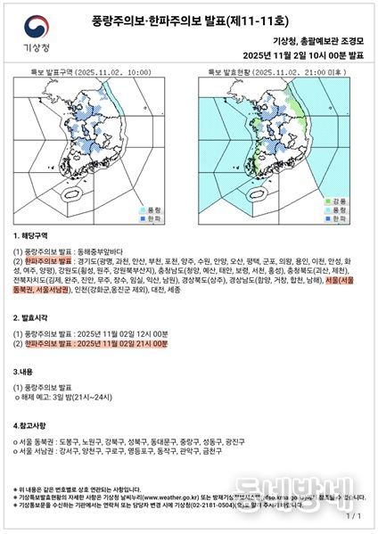 한파주의보 발표현황('25.11.02. 오전 10시)