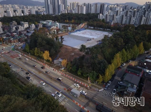 동명근린공원 지하주차장 공사 사진(드론 촬영)