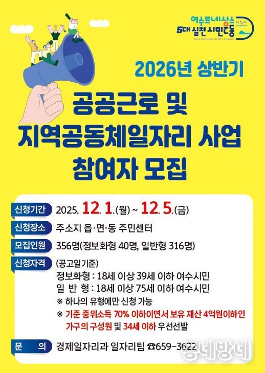 여수시 ’2026년 상반기 공공근로 및 지역공동체일자리 사업 참여자 모집’ 포스터
