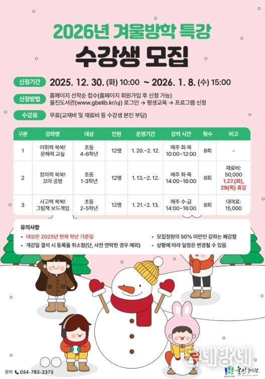 울진도서관, 쑥쑥 자라는 ‘겨울방학특강’ 운영