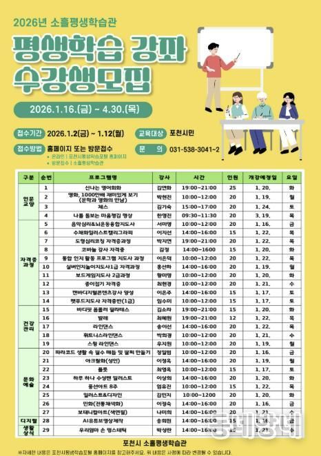 포천시, 소흘평생학습관 1기 정규강좌 수강생 모집