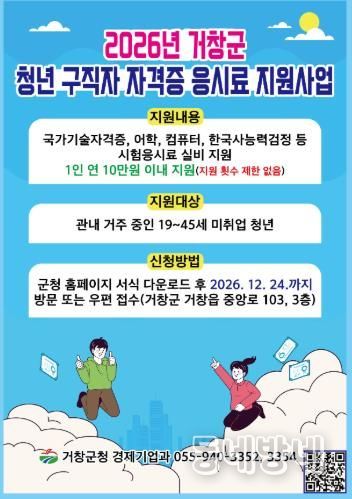 거창군, 미취업 청년 자격증 응시료 최대 10만원 지원