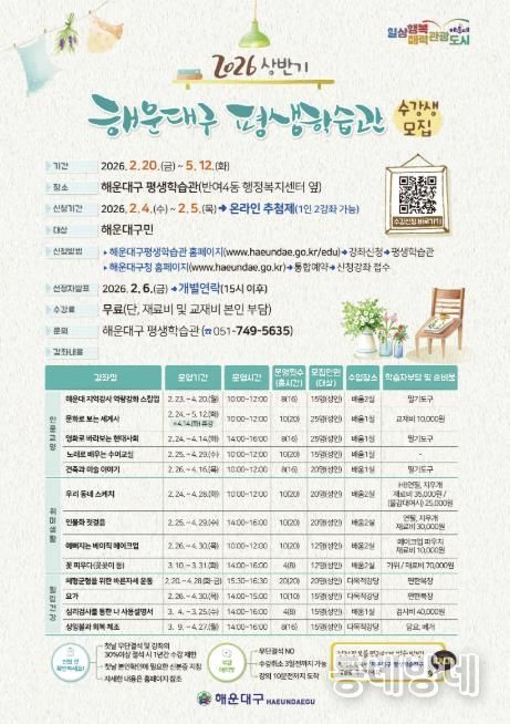 부산 해운대구, 2026년 평생학습관 상반기 수강생 모집