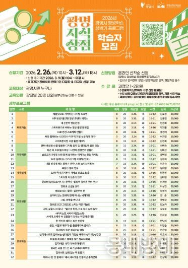 2026년 광명시 평생학습 상반기 프로그램 '광명지식상점' 학습자 모집 안내문.