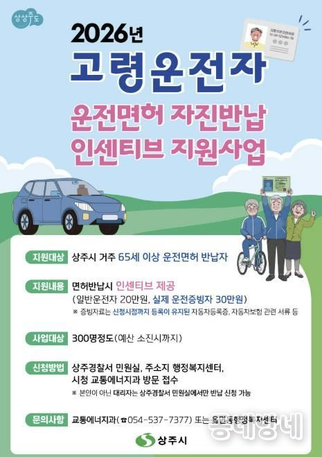 상주시, 고령자 운전면허 자진반납 인센티브 확대 시행